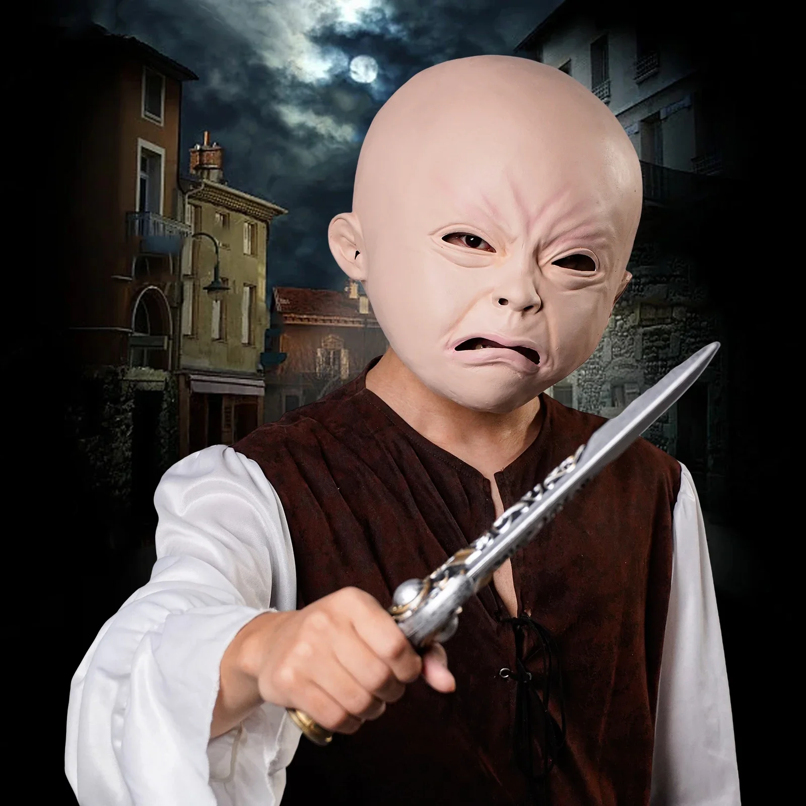2025 الهالوين Coiffe de poupée Realiste avec visage qui pleure، masque effrayant pour Halloween، التعبير السعيدة وممتعة