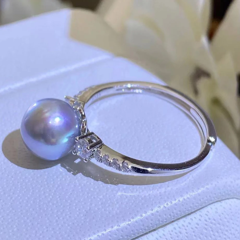 Luxury Jewelry Elegant 925 Sterling Silver Classic Seawater Pearl Ring with 8-9mm Natural Silver Blue Smooth Surface Akoya Pearl