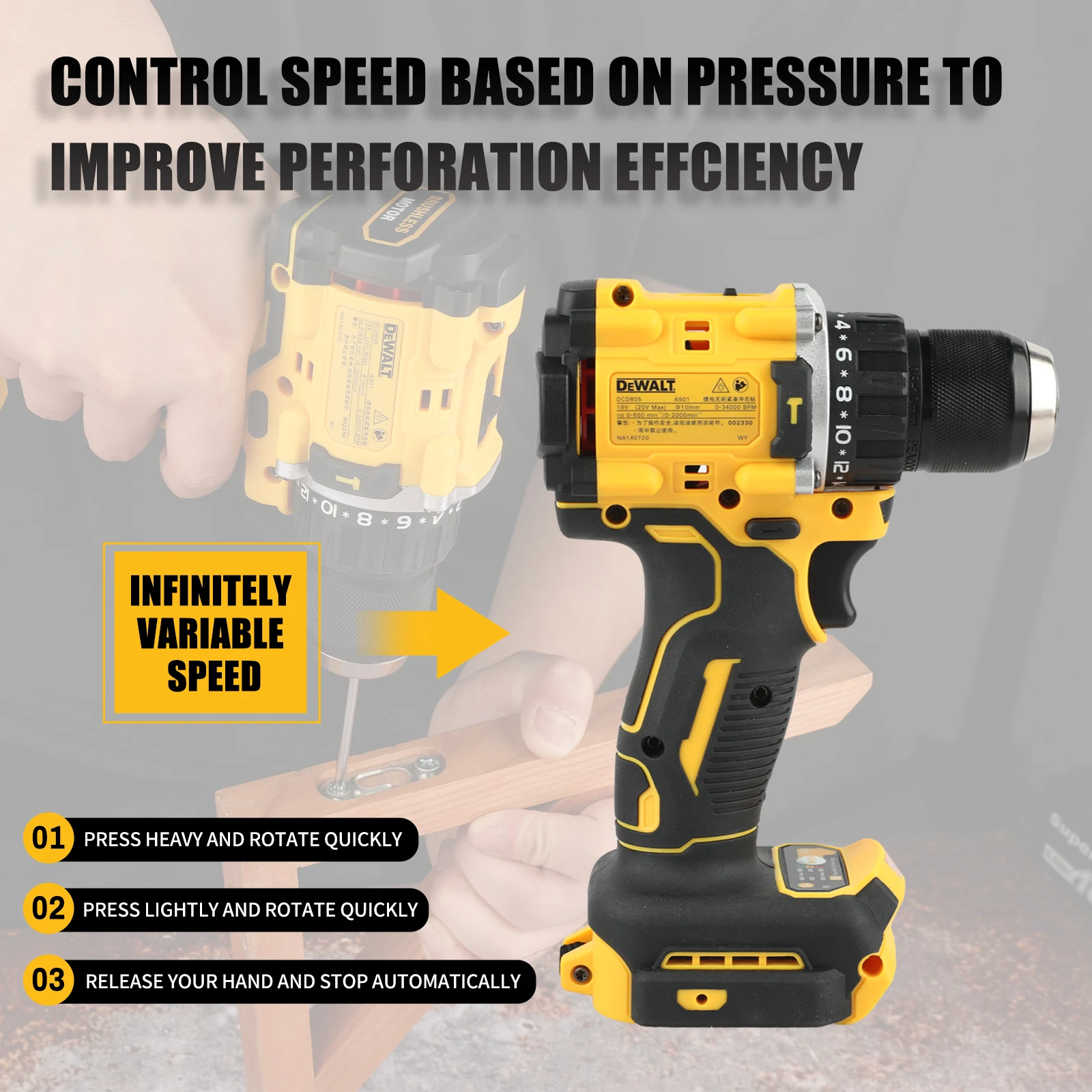 مفك براغي DeWalt DCD805 20 فولت بدون فرش، أدوات حفر مدمجة، مفتاح ربط تأثير البطارية، أداة كهربائية