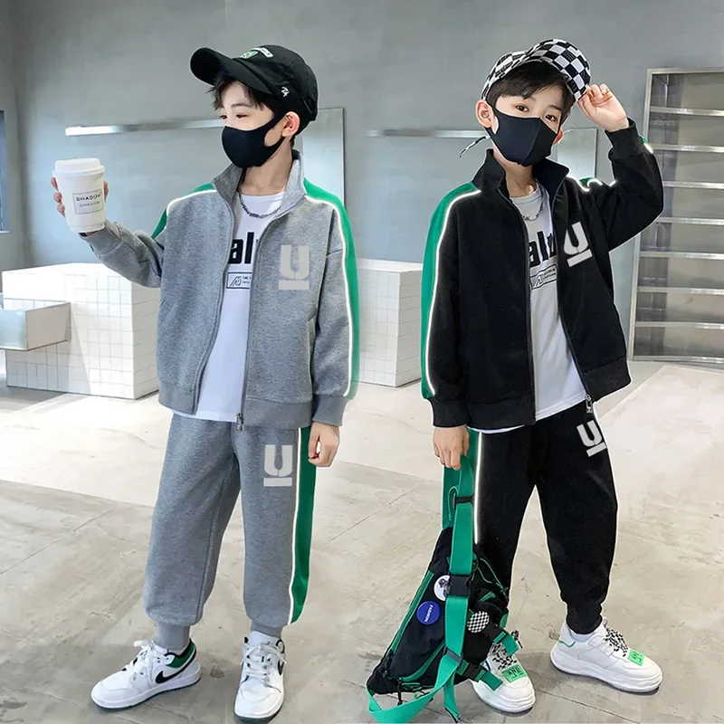 Spring Autumn Active Kids Clothes Boy Children Striped Zipper Jacket Pants Sets Teenage Clothing Kids Tracksuits 2Pcs 4-14 Year