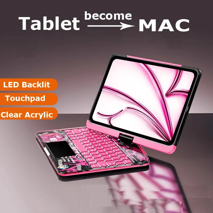 for IPad Mini 7 2024 A2993 A17 Pro Gen Mini 6th Gen 2021 A2568 LED Backlit Keyboard with Case Transparent Crystal Tablet Cover