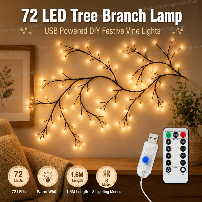 72LED Tree Branch Lamp USB Powered DIY Festive Vines for Home Decor Lighted Tree Branches Lights for Halloween Christmas Holiday