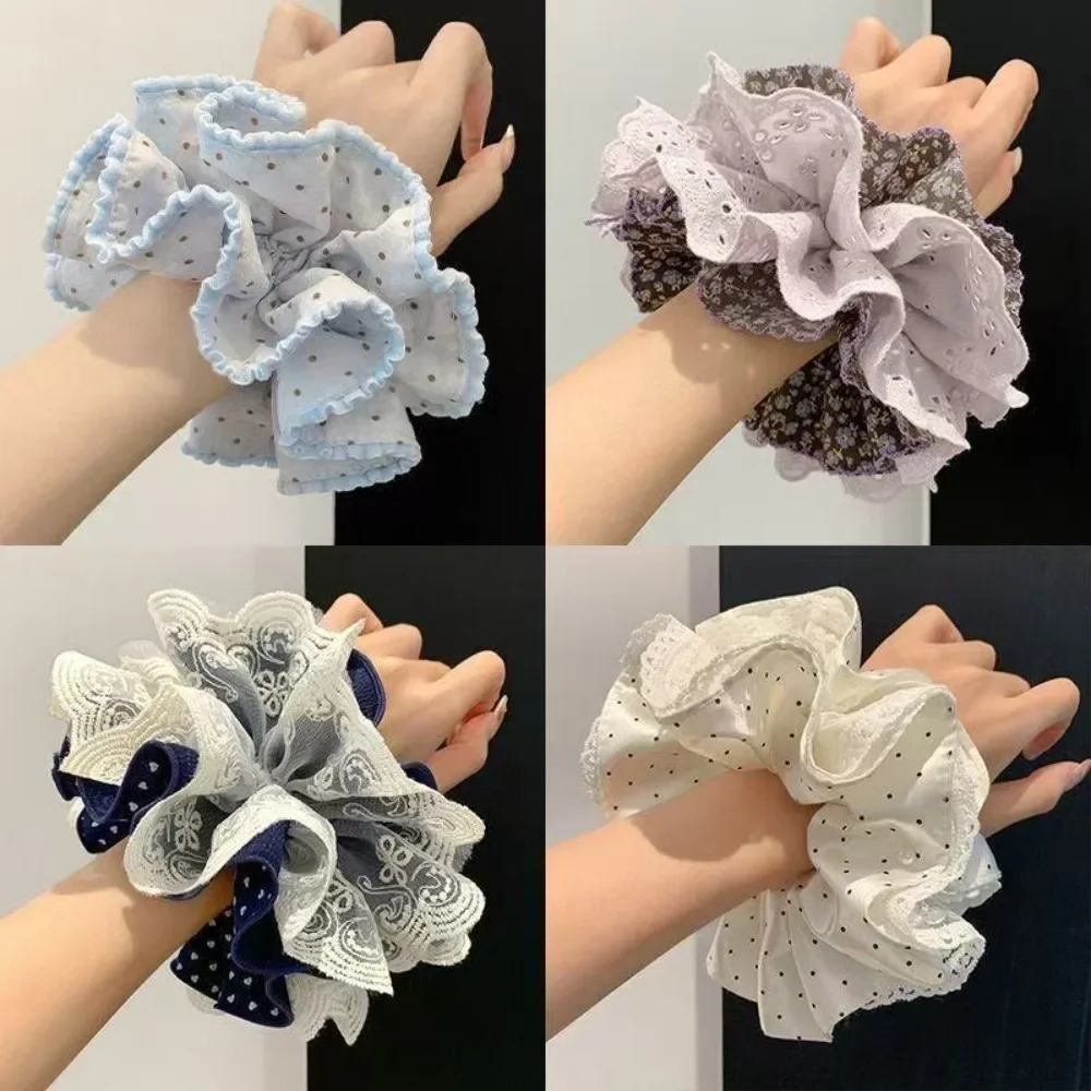 Fresh Dot Print Frilly Big Scrunchies Soft Breathable Cloth Hair Ties Cute Casual Hair Accessories Teen Girls Ladies Hair Tie