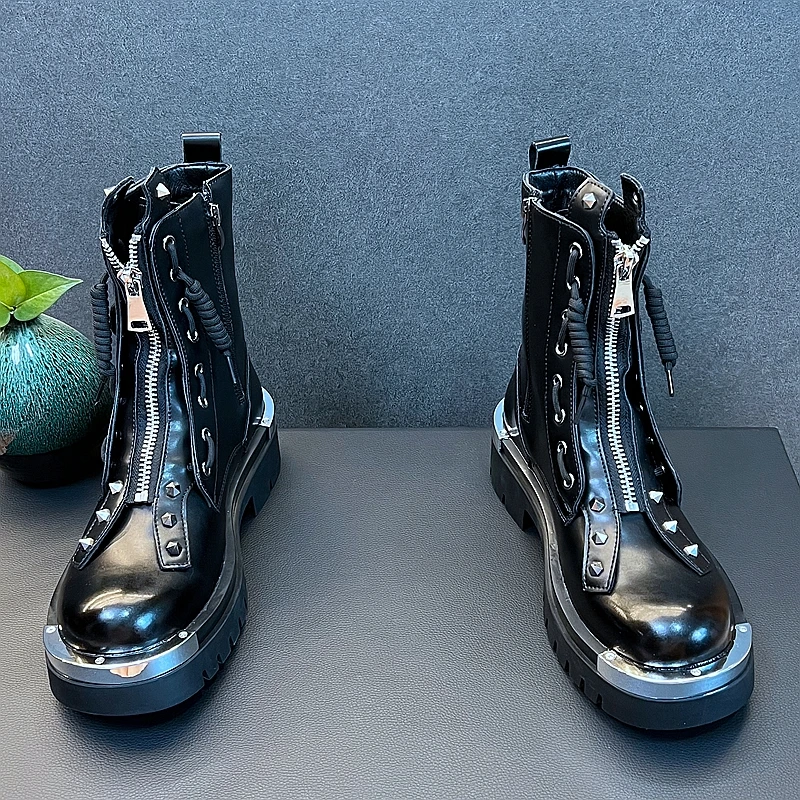 Luxury Designer Youth Trending Rivets Punk Style Boots New Arrival Front Zipper Thick Botttom Metal Decoration Botas Hombre