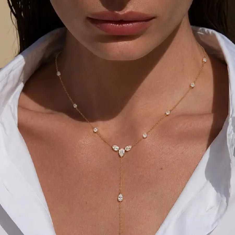 KunJoe Simple Classic 18K Gold Plated Stainless Steel Water Droplet Elegant White Zircon Y Shaped Pendant Clavicle Chain Jewelry