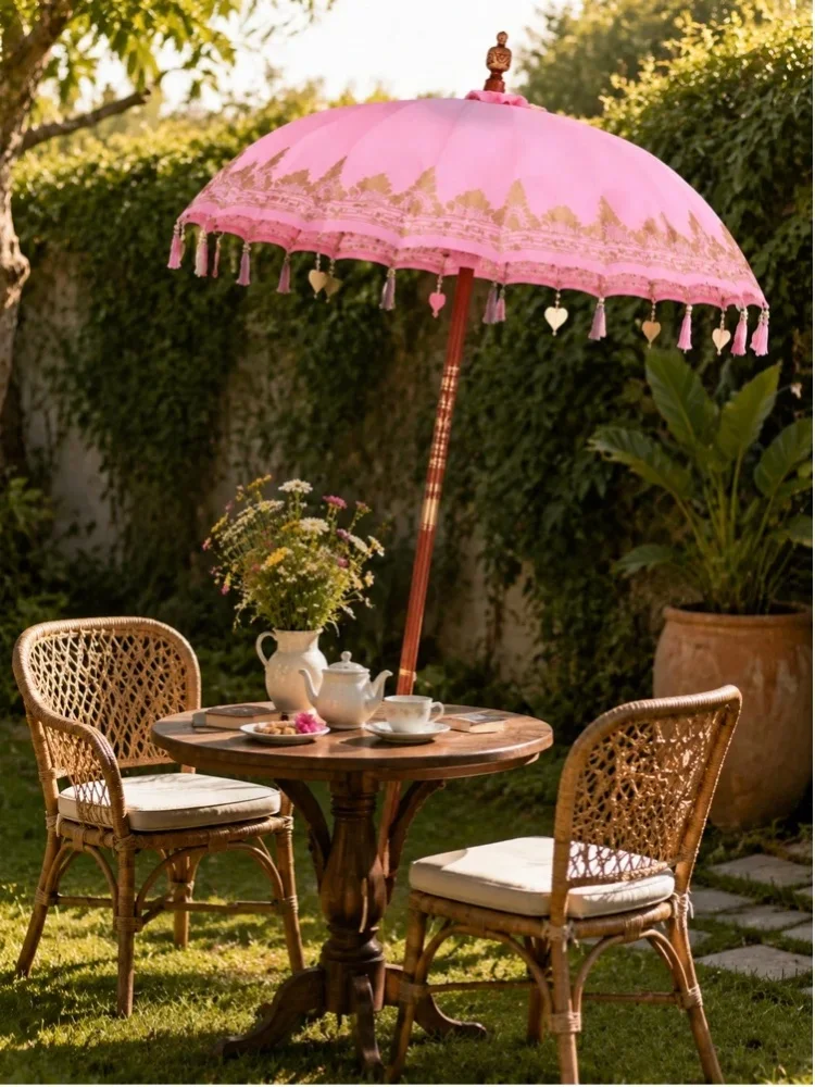 Balinesischer Bambus-Sonnenschirm Rosa 180-190 x 260 cm Großer Terrassen-Garten-Strandschirm