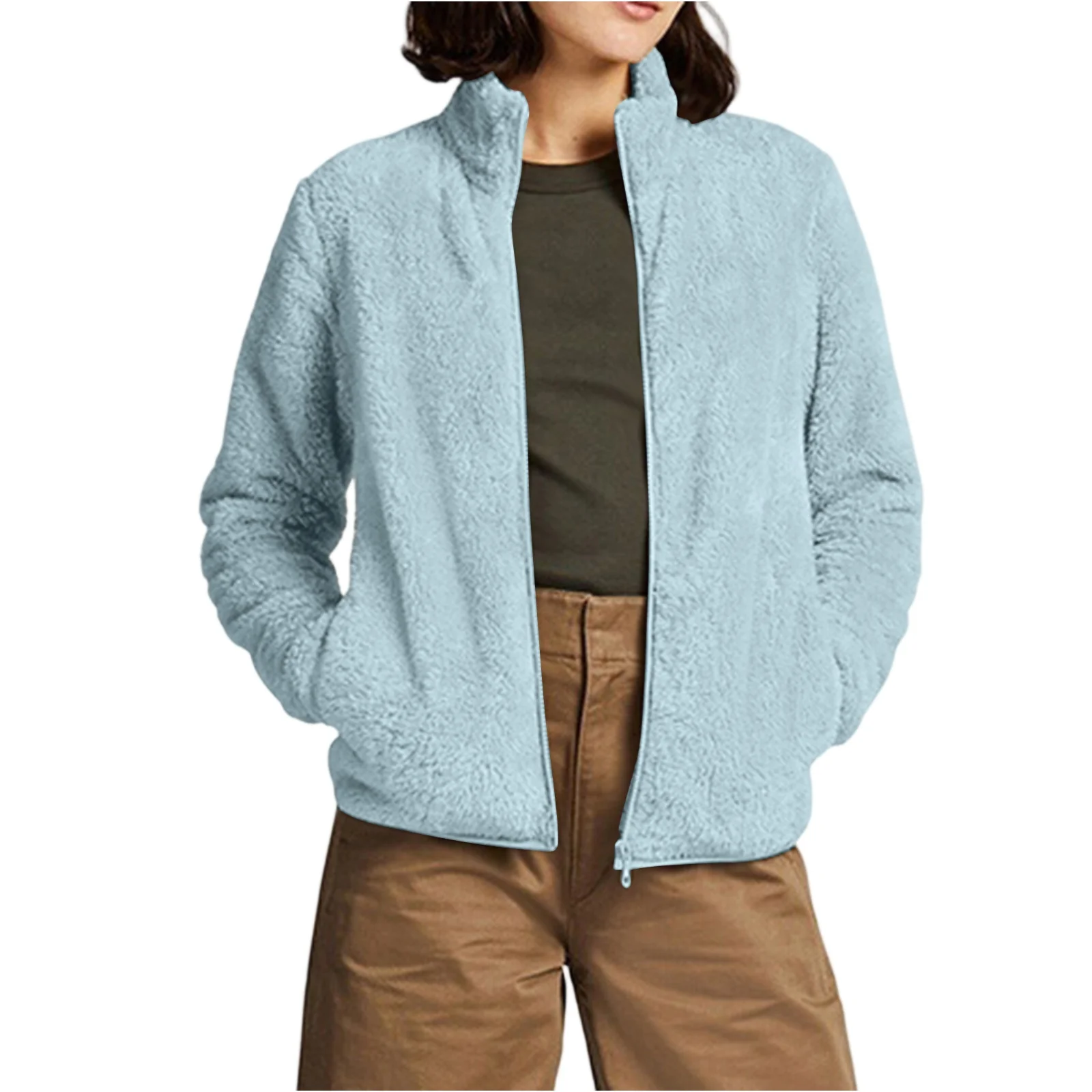 

Women's Winter Thickened Fleece Stand Collar Warm Zippered Cardigan Jacket Long-sleeved Pockets Plush Jackets Female Outwear
