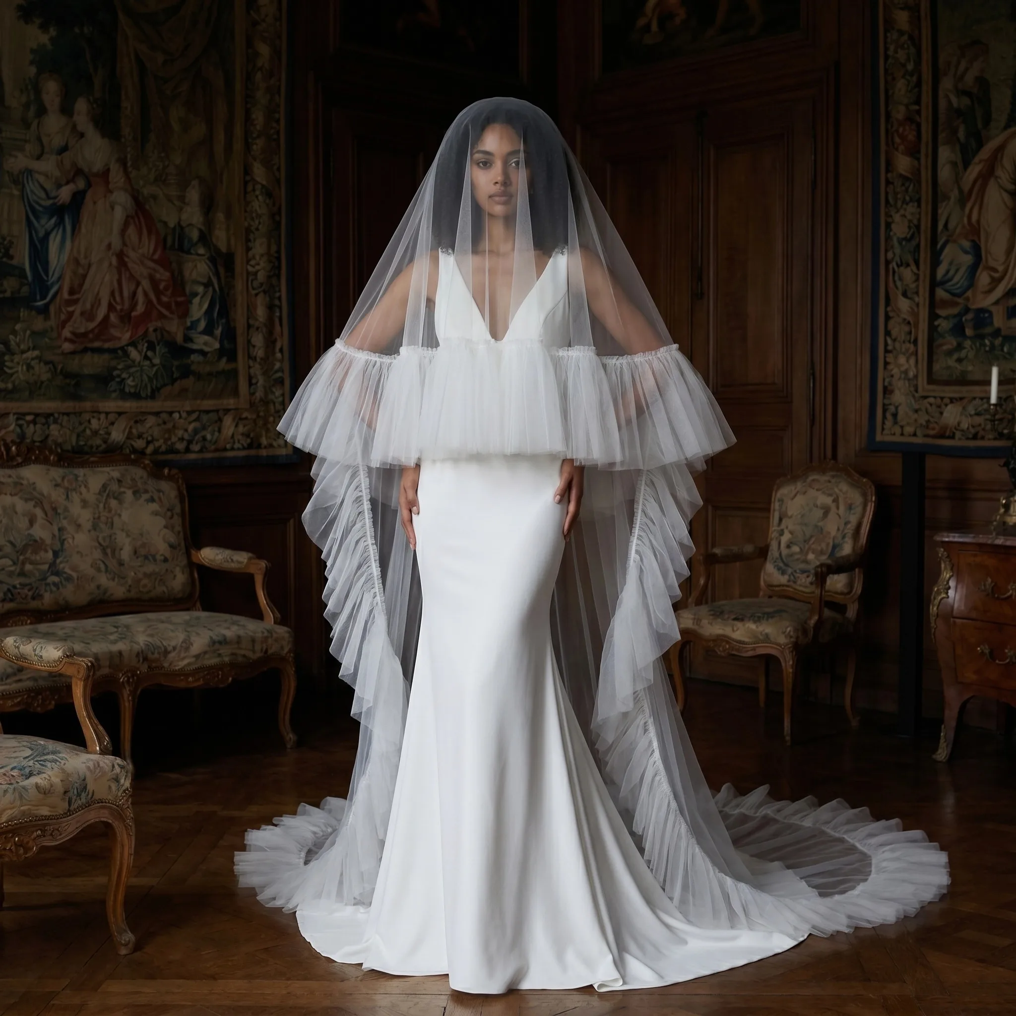 Long Bridal Veil with Blusher&Comb 2-tier Fluffy Ruffle Edge Soft Stylish Elegant Brides' Wedding Accessory/Church Headwear G117