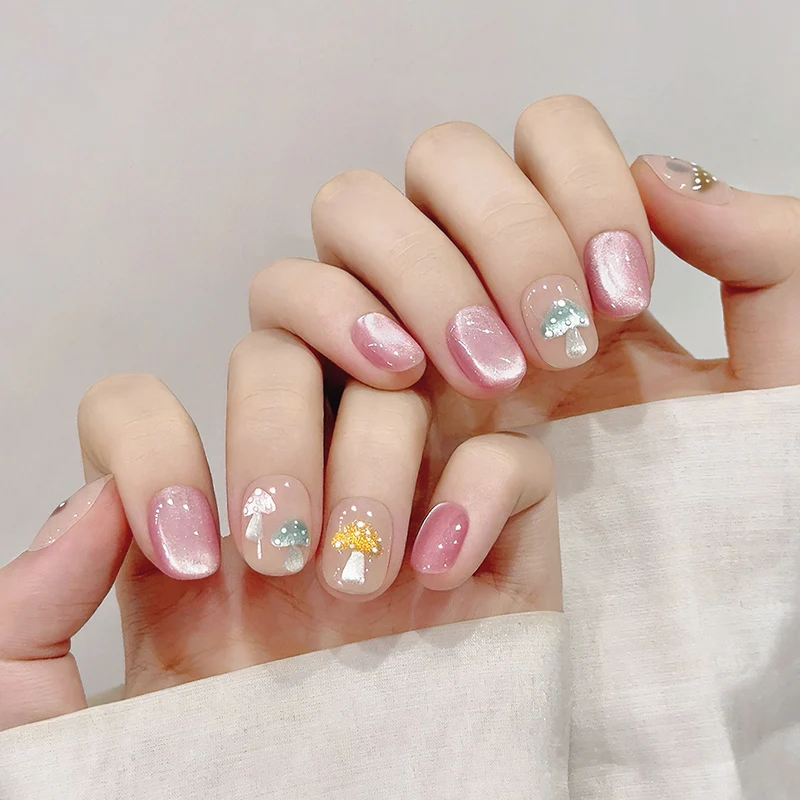 

10Pcs Luxury Handmade Press On Nails Ballet Cute Mushroom Design Acrylic False Nails Pink Cat Eye Artificial Nails with Tool ﻿