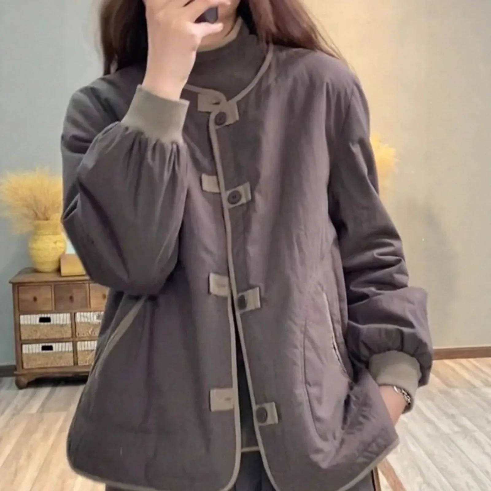 سترة نسائية قطنية سميكة خفيفة الوزن كاجوال فضفاضة بنمط ريترو كتلة الألوان معطف دافئ قصير جدًا وطول طويل #3