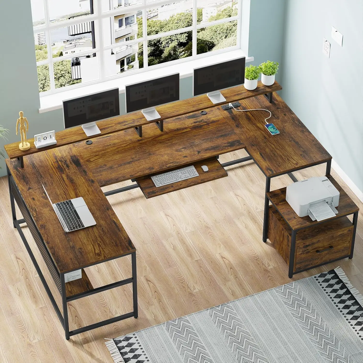 Sedeta u-förmiger Schreibtisch, reversibler l-förmiger Home-Office-Schreibtisch mit Akten schublade und Steckdose, 101.5 ''Computer-Zwei-Personen-Schreibtisch mit