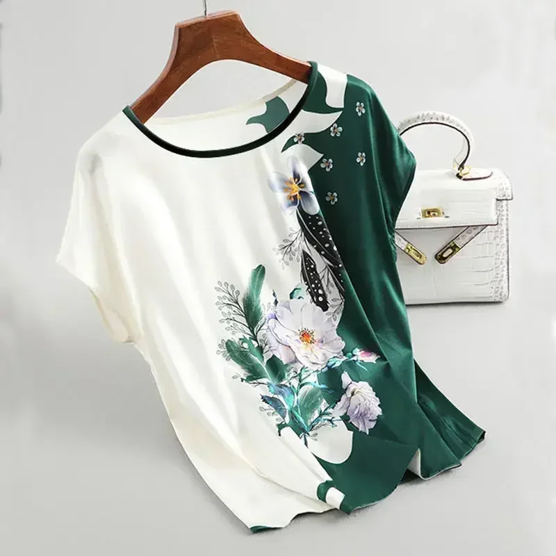 Casual Short sleeve Women Silk Satin Blouses Fashion Batwing sleeve Vintage Print Floral Blouse Ladies Tops