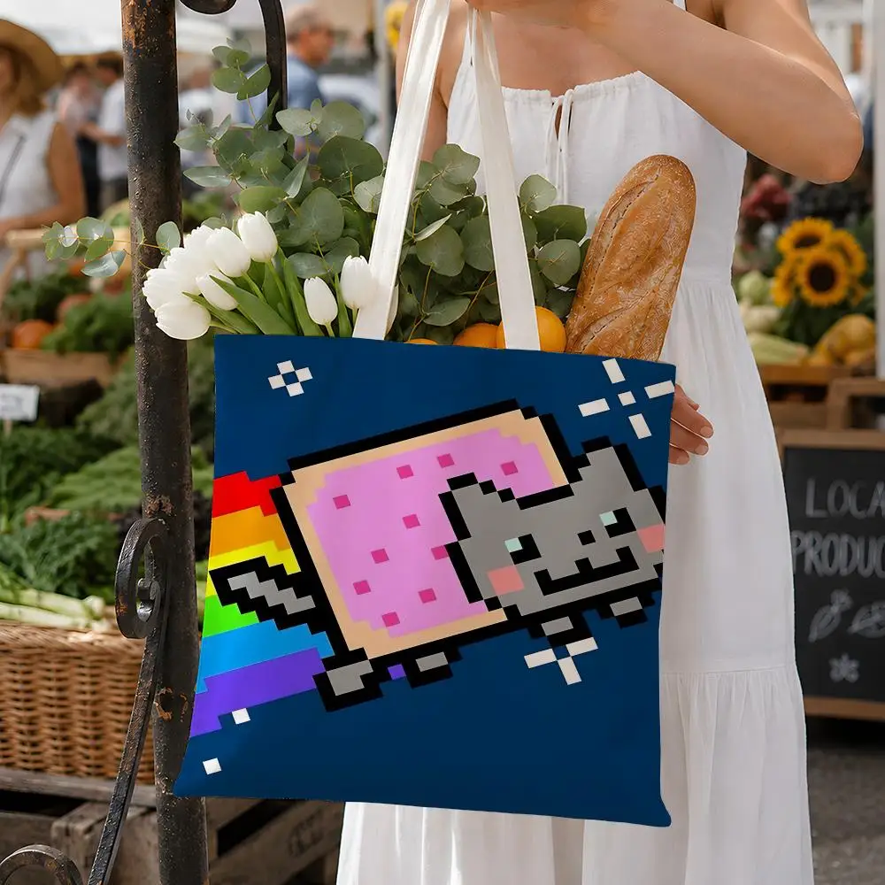 Meme Nyan Cat Rainbow Pop Tart Storage Bags Fashion Cotton Canvas Tote Bag Eco Friendly Reusable Large Capacity Shopping Bag
