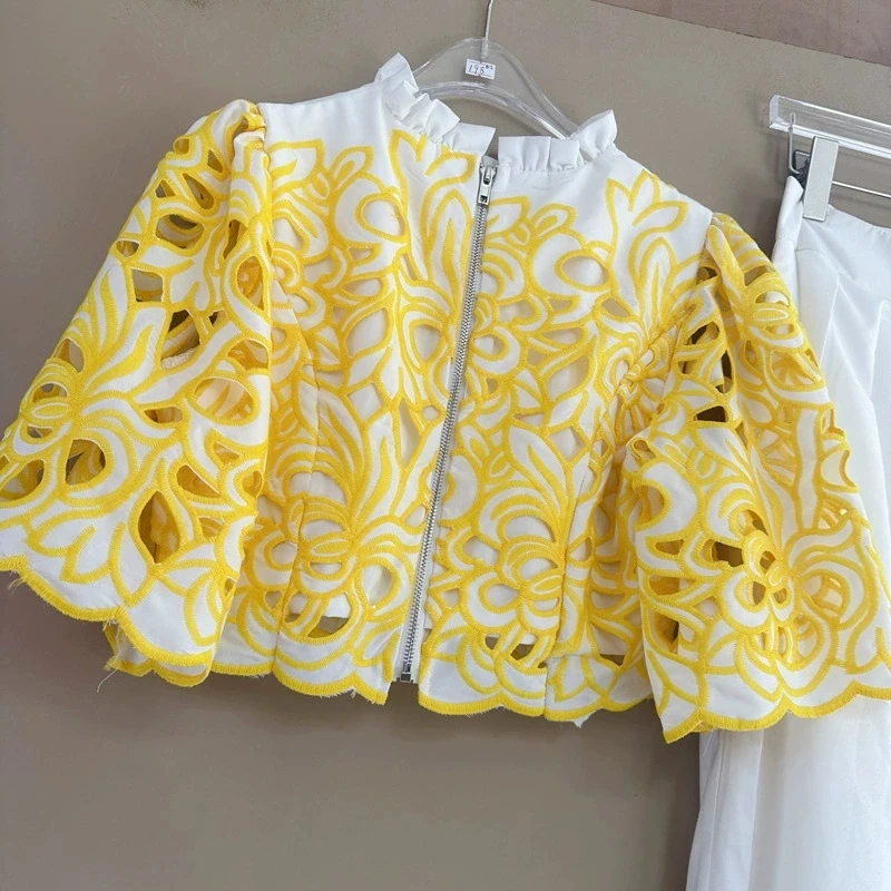 

2025 Hollow Out Design 2 Piece Set Women Round Neck Half Sleeves Tops+Elastic Waist Contrast Color Skirt Set