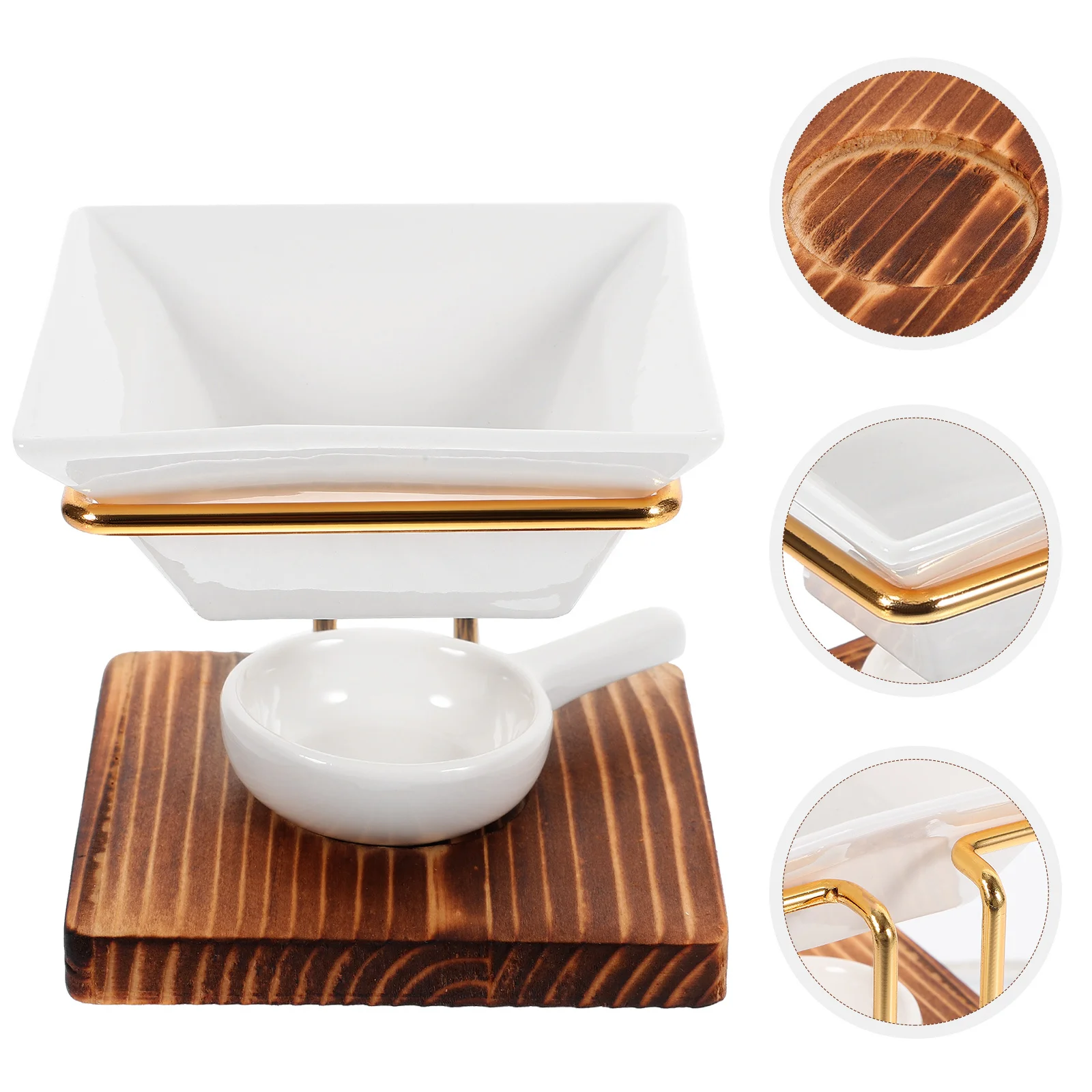 

1 Set Of Wooden Essential Oil Burner Ceramic Aromatherapy Furnace Tealight Holder Wax Warmer Incense Diffuser Decorative