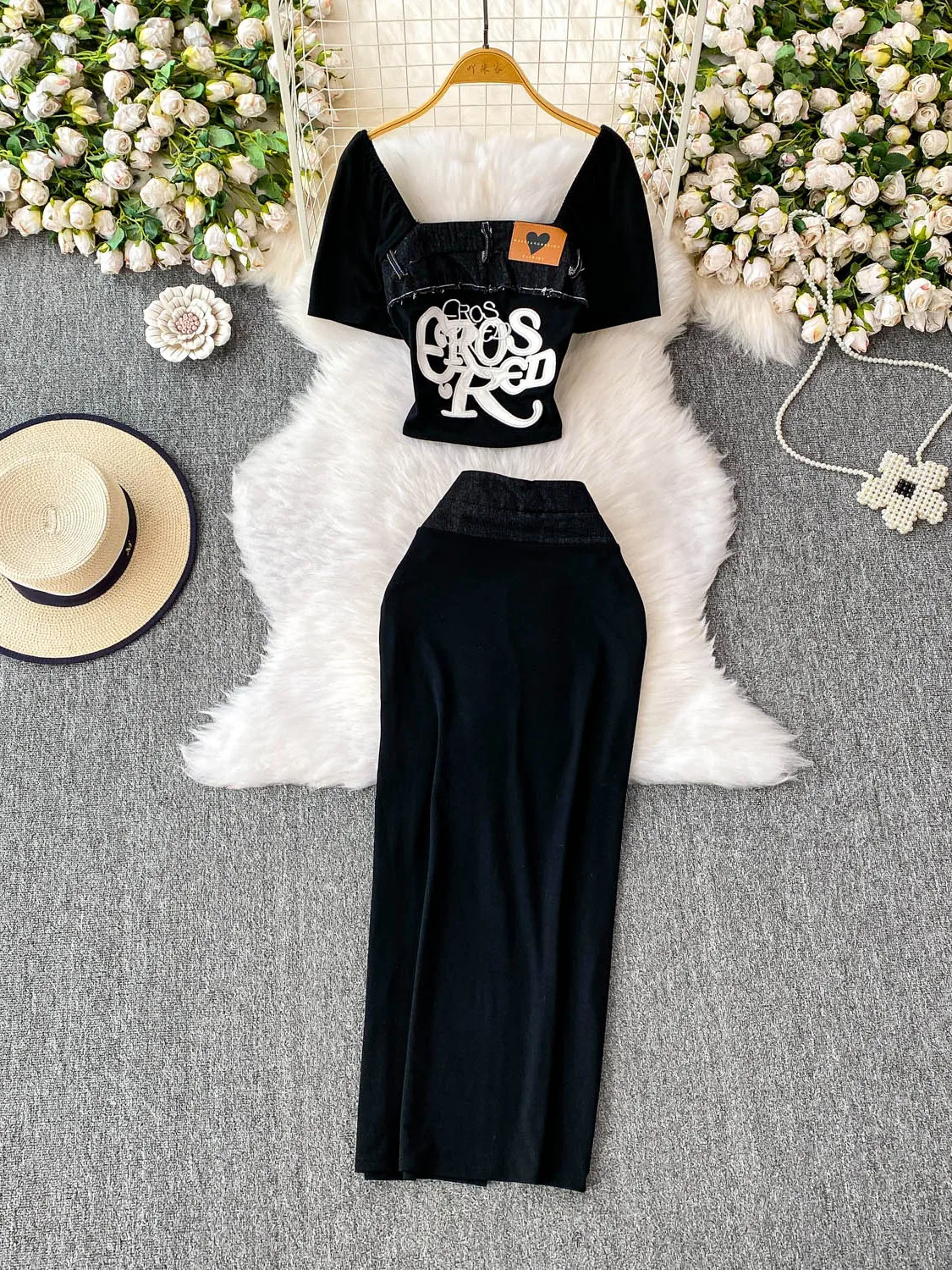 

American Sle Spicy Letter Embroidery Denim ter ort Top High Waist Slim Fit Bodycon Skirt Two Piece Set for Women
