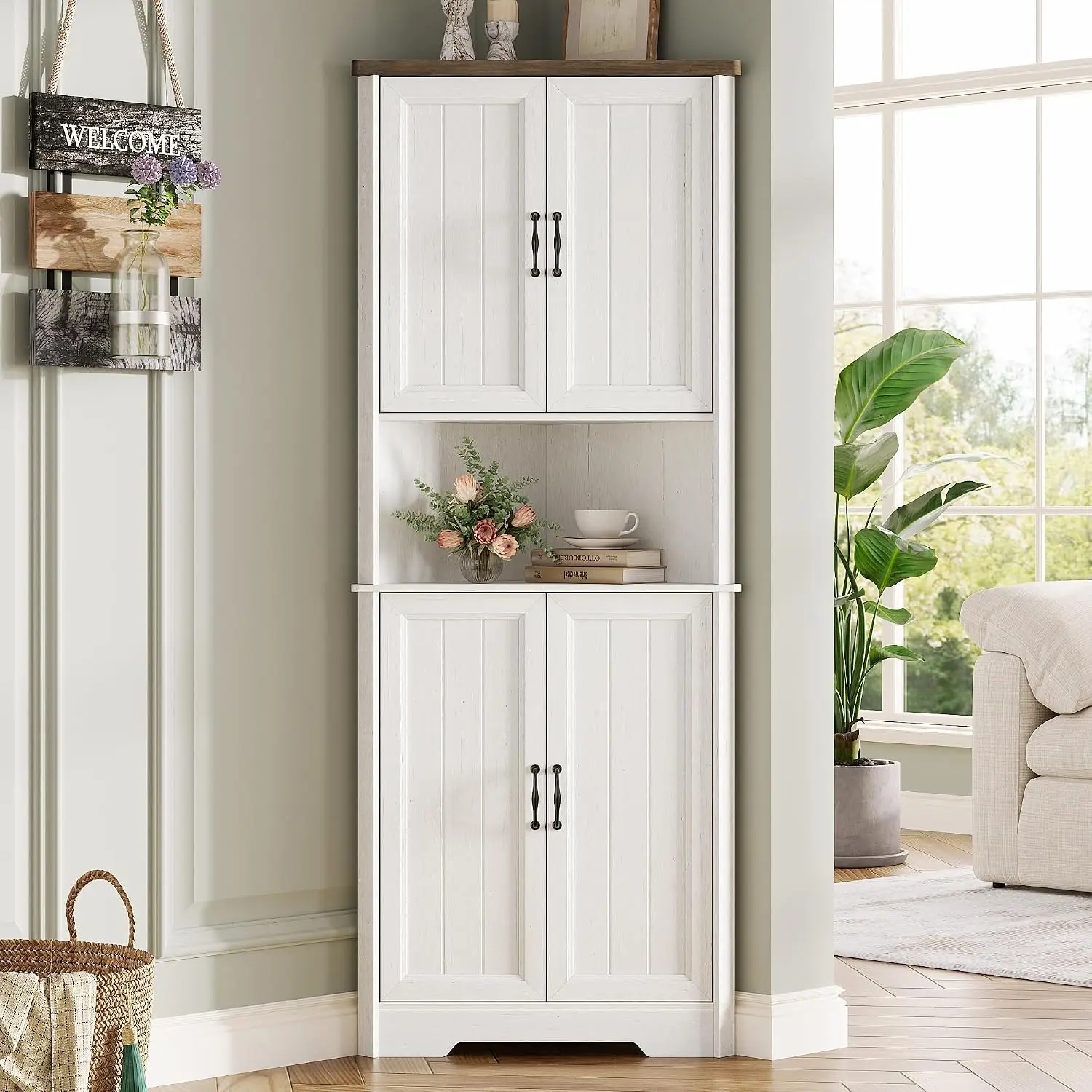 67 Inch Antique White Corner Cabinet, Farmhouse Storage Cupboard with 4 Doors and Adjustable Shelves for Bathroom Kitchen