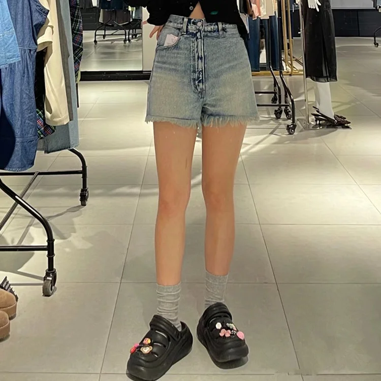 

High Waist Frayed Hem Denim Shorts Pure Color Retro Style Spring 2024 Collection by Baozhen Women's Fashion Summer Jeans