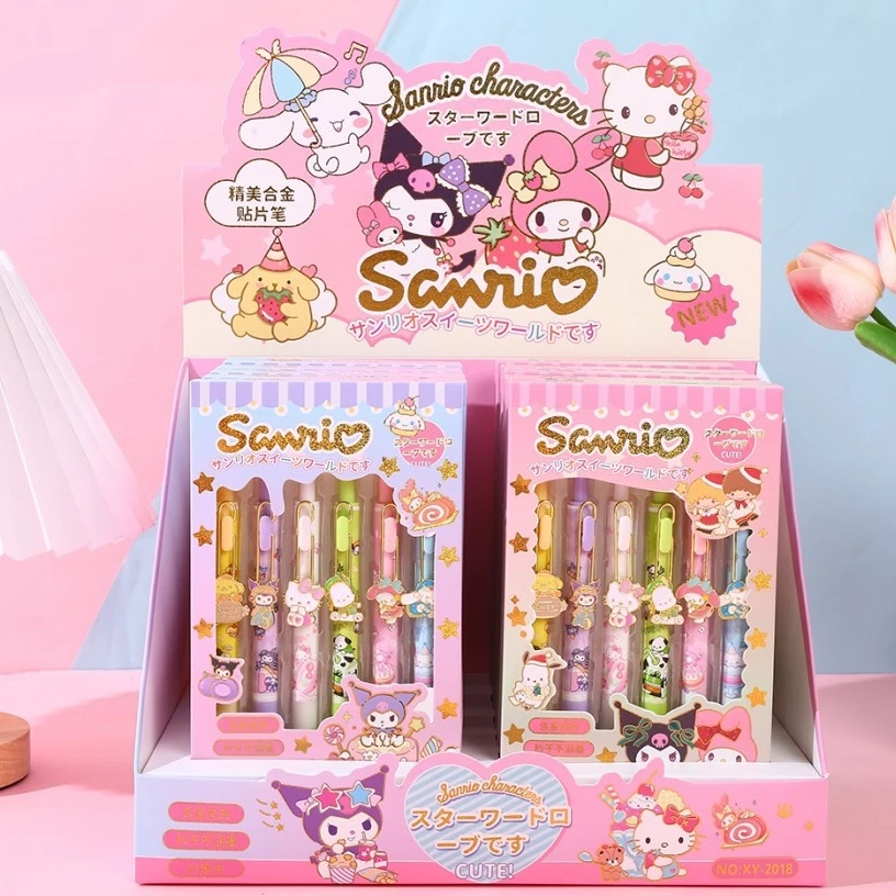 

6Pcs Anime Hello Kitty Gel Pen Kawaii Color Printing Black Quick-Drying Press The Neutral Signature Pen 0.5Mm Student Stationery