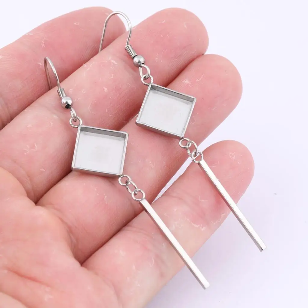 10pcs Stainless Steel Feather Charm Earring Base Blanks Dangles 10mm Square Cabochon Bezel Setting Trays Diy Ear Hooks Findings