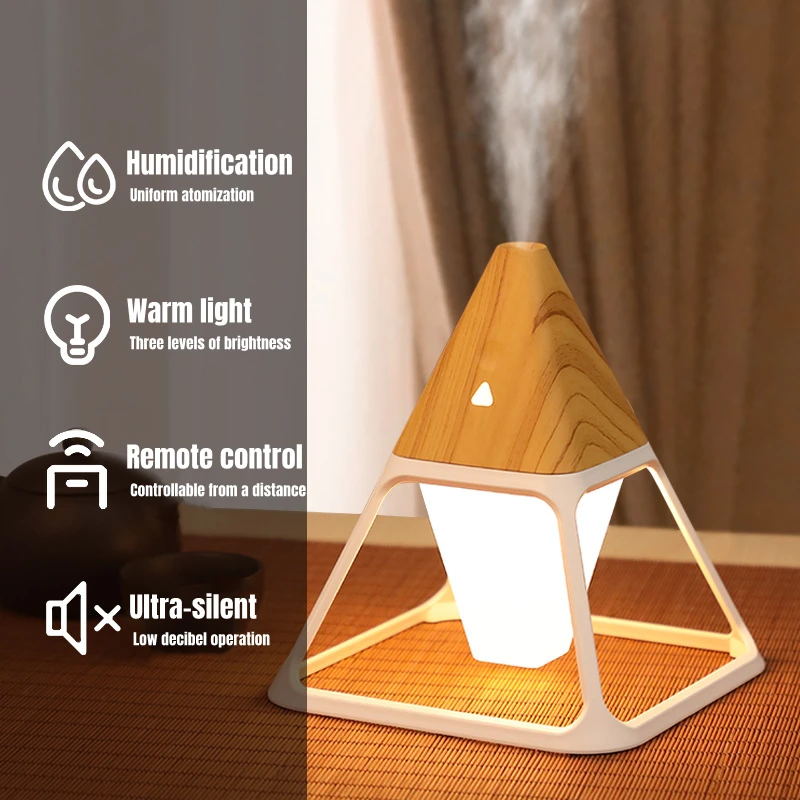USB venatura del legno vulcano piramide umidificatore d'aria telecomando aromaterapia diffusore di olio essenziale con lampada calda diffusore di aromi