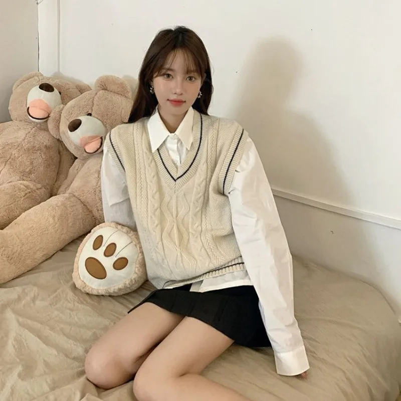 Women Spring Autumn Preppy JK Uniform Loose Sweater Vest Shirts Mini Pleated Skirts Sets Lady V-Neck Knit Tops Blouse Skirt Suit