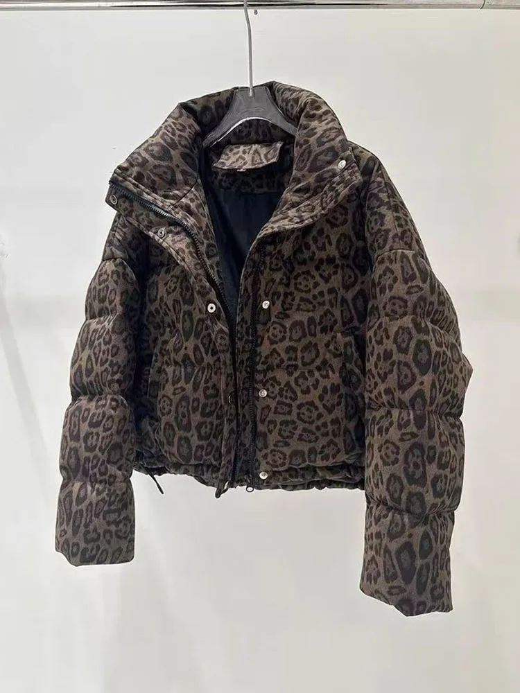 Y2K Leopard Print Crop Parkas Women Winter Warm Loose Puffer Jacket American Streetwear All Match Stand Collar Down Outerwears