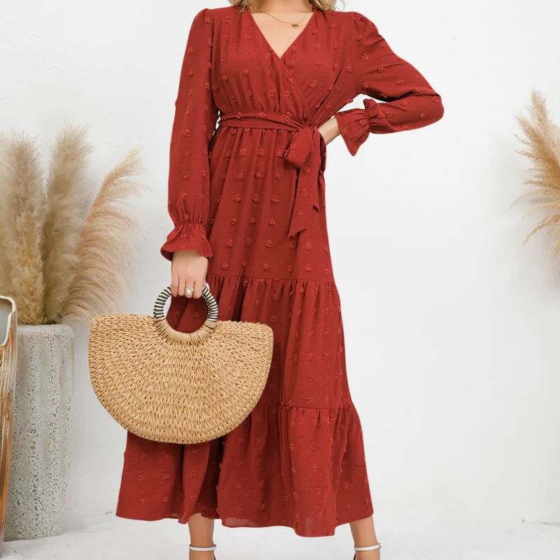 Vestido com decote em v casual monocromático feminino, manga comprida, selvagem, confortável, cintura alta, senhora do escritório, elasticidade, novo, outono, inverno, 2023