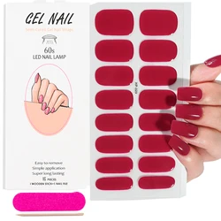 16Tip Cherry Red Semi-Cured Gel Nail Sticker Solid Long-Lasting UV Nail Sticker Full Cover Decals UV LED Extension Gel Nail Foil