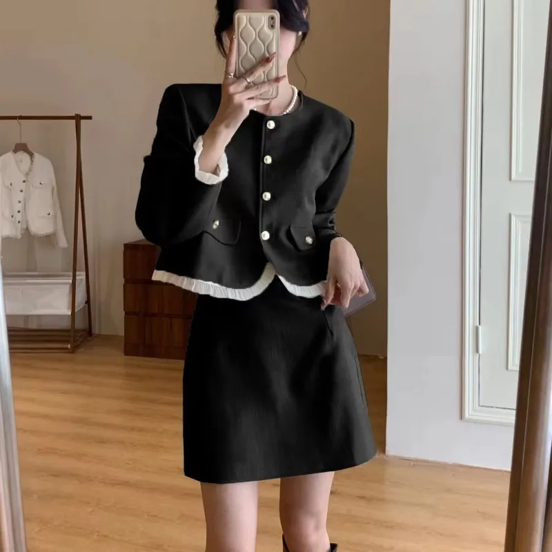 Elegant Socialite Jacket Skirt Suits Women Spring Autumn Contrast Color Wood-ear Short Coat Slimming A-line Skirt Two-piece Set