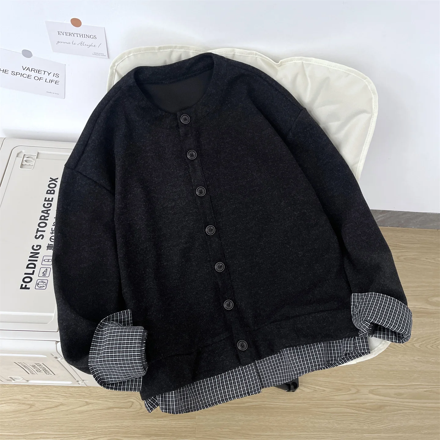 

Korean Sle Plaid Splice Fake Two-Piece Men's Knitted Sweater Autumn Winter Lazy College Sle Couple Cardigan Coat