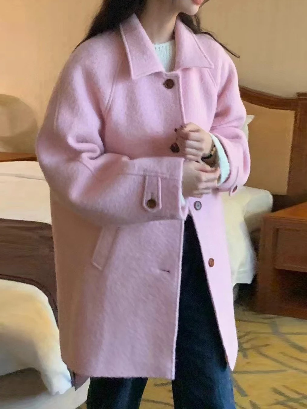 

Pink Sweet Rejuvenating Woolen Coat Women Chic Retro Turn-down Collar Ele Single-button Loose Woolen Outerwear