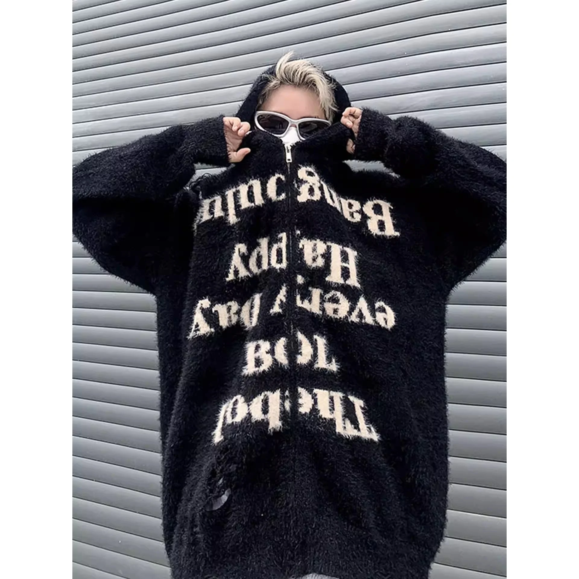 

American Sle Hooded Open Cardigan Sweater Men's Streetwear Vintage Lettering Hole Punch Loose Knitted Outerwear