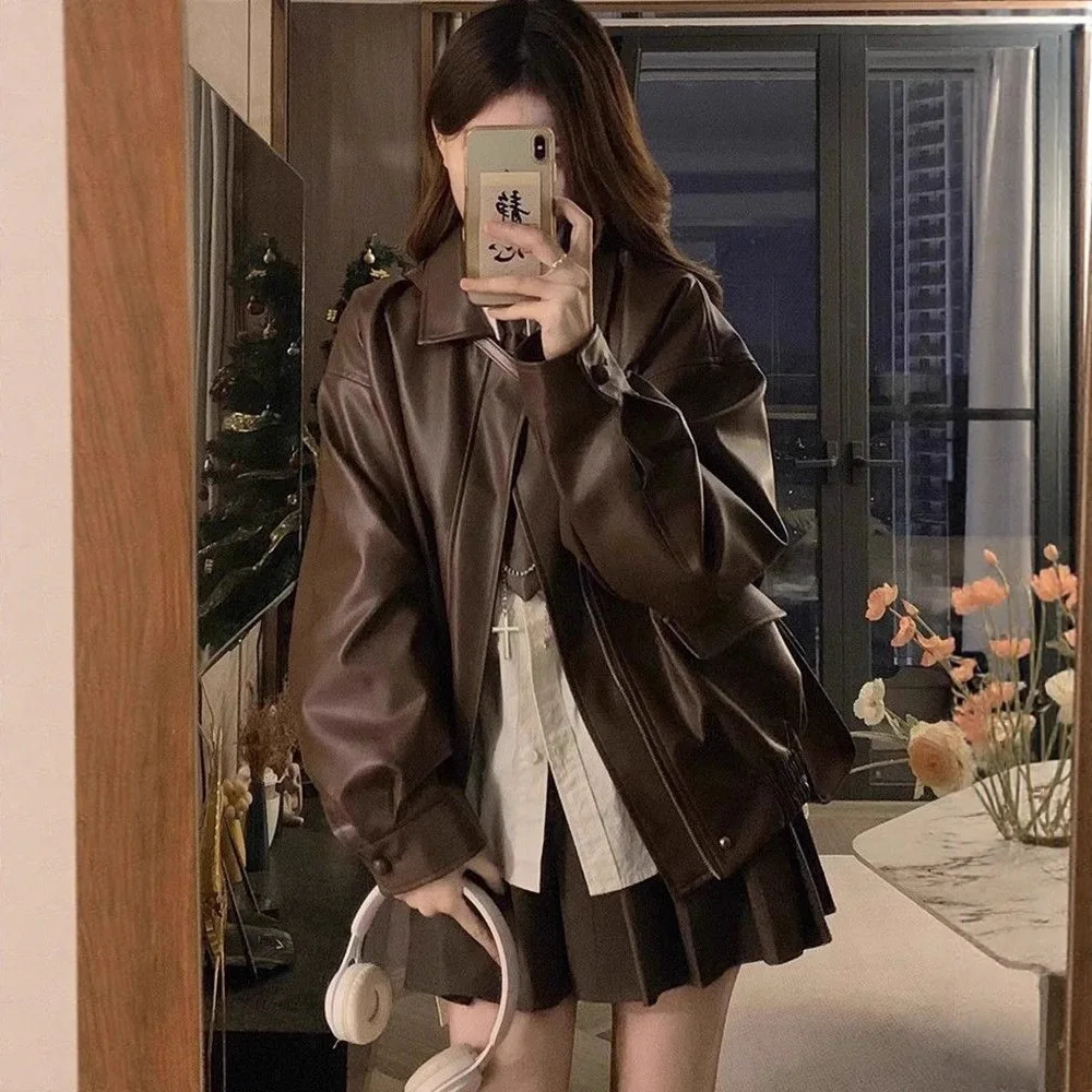 New Women's Faux Leather Lapel Long Sleeve Jacket Solid Color Windproof Pockets Loose Comfortable Trendy Casual Daily Wear Coat