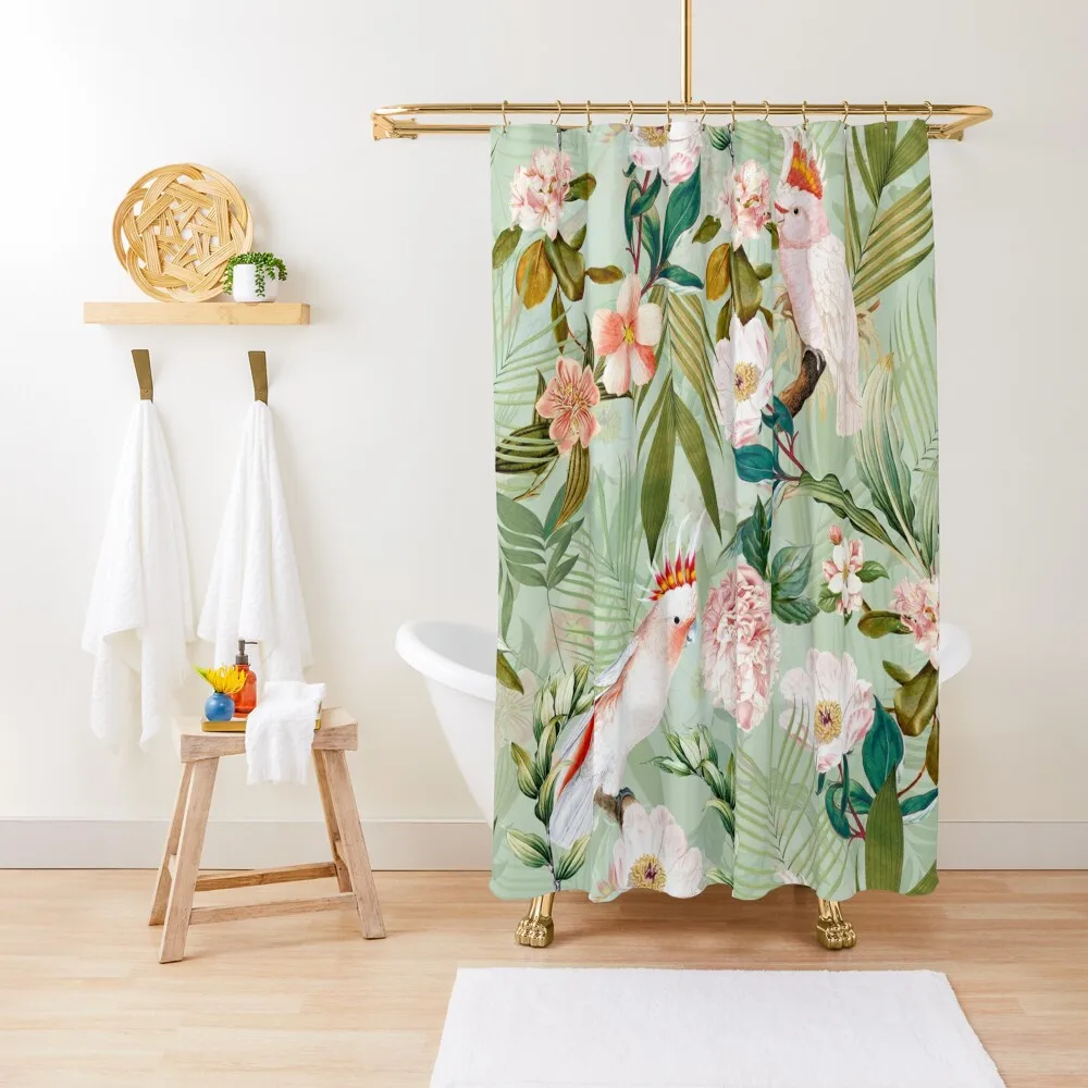 

Tropical cockatoo and jungle pattern - mint Shower Curtain Curtains For The Bathroom Shower Curtains For Bathroom