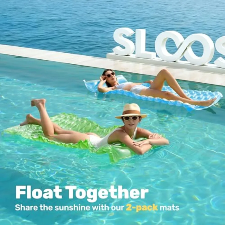 Inflatable Pool Floats Raft For Adults, Vinyl Blue Floating Lounge With Headrest, 64x32 Inch Swimming Mat Pool Mattress, 2 Piec