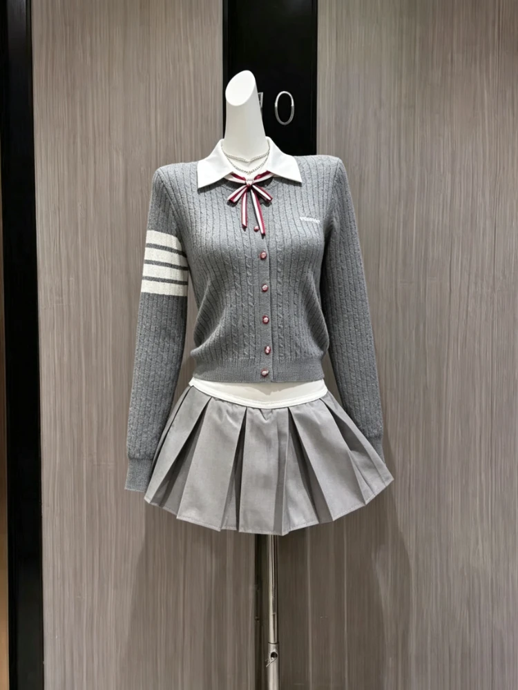 British Preppy Style 2 Piece Set Women Polo Collar Bow Striped Sleeve Cropped Sweater High Waist Pleated Mini Skirt Slim 2026