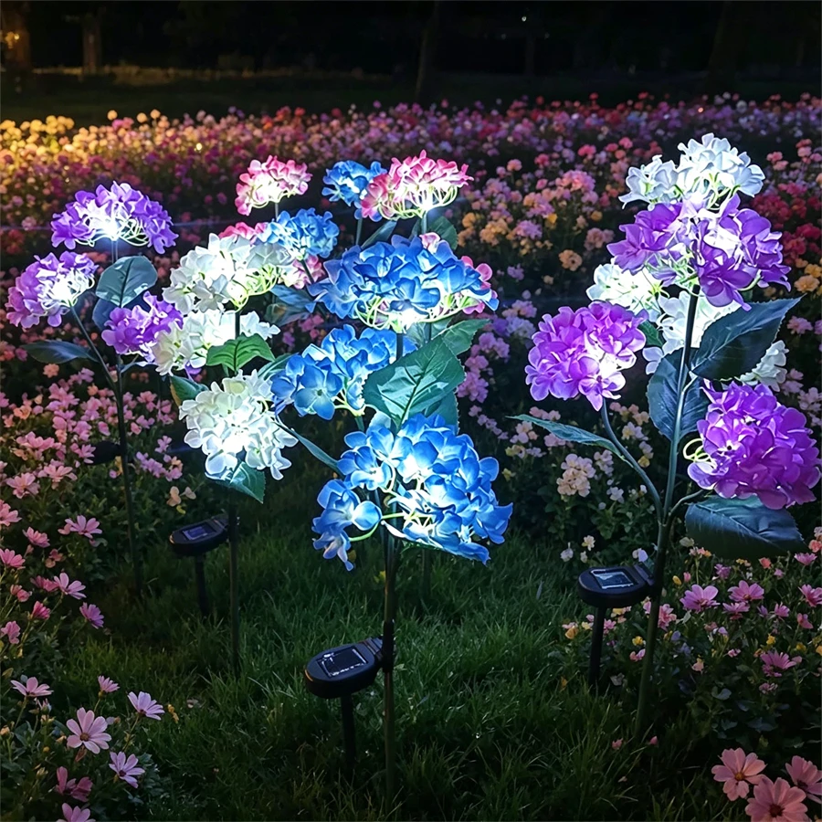 Solar Hydrangea Lights With 3 Heads,LED Artificial Flower Lights,Used For Outdoor Yard, Garden,Lawn,Fence,Pathway Decoration