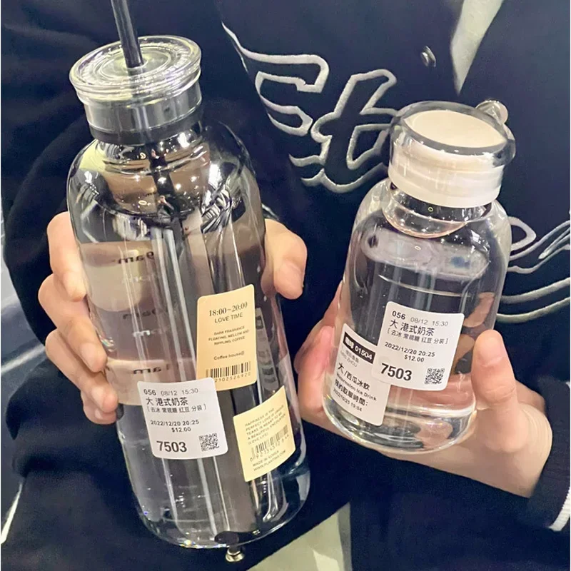 Ins 대용량 유리 물병, 시간 표시, 투명 우유 주스, 간단한 컵, 생일 선물, 450ml, 750ml 