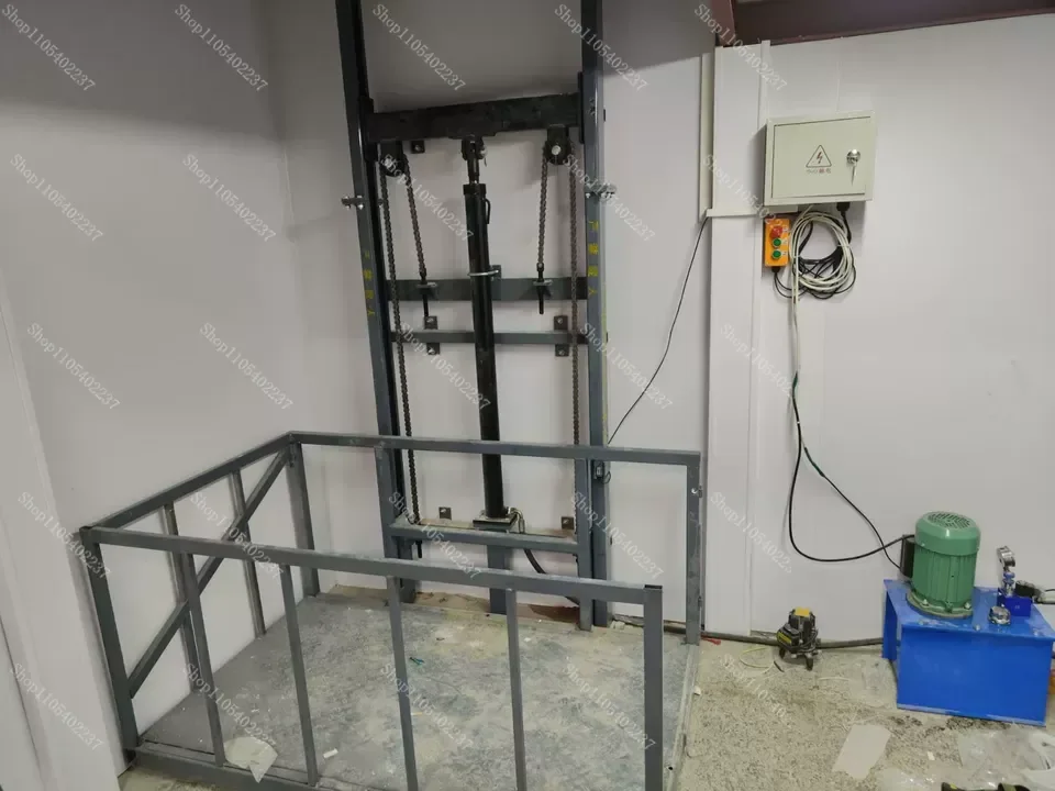 

Электрический гидравлический подъемник для грузов на направляющих рельсах, малый, для домашнего склада, для подъема с первого на второй этаж, вертикальная платформа