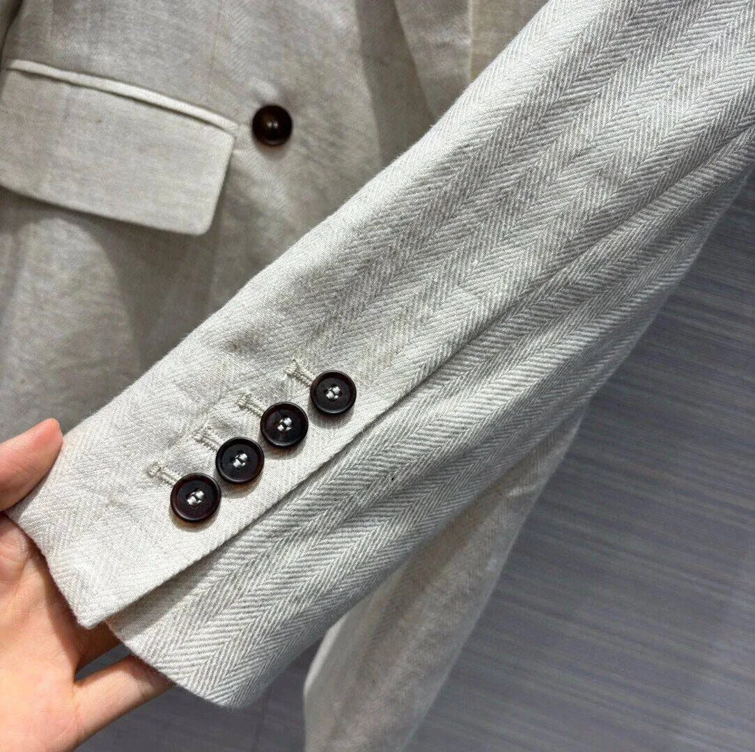 2024 New Autumn Fashion Casual Blazer Suit Women Notched Double Breasted Long Sleeve Beige Color Cotton Linen Casual Slim Jacket