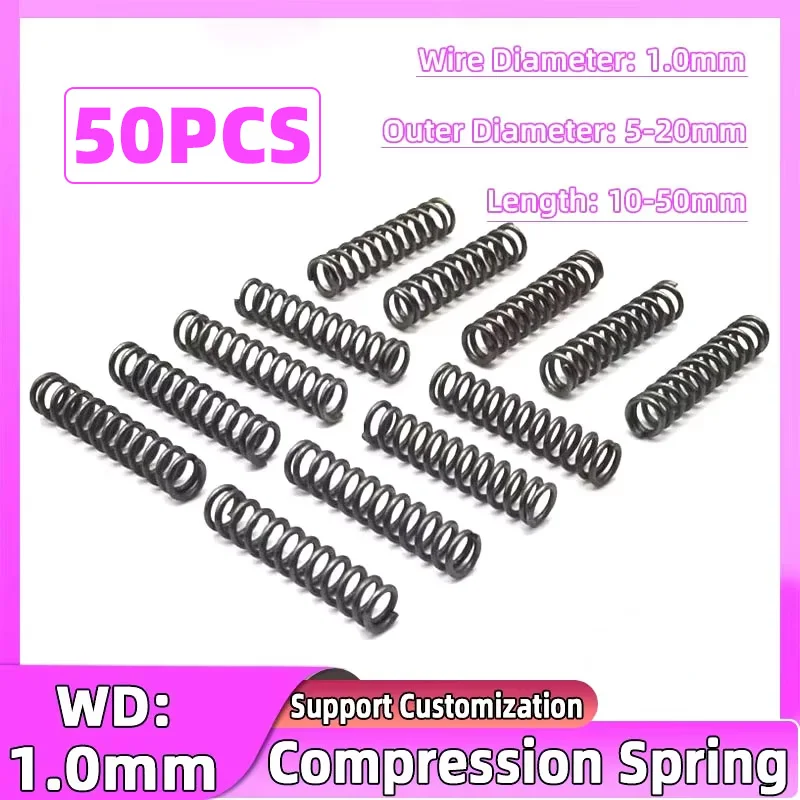 50PCS Wire Diameter 1.0mm 65Mn Carbon Steel Mechanical Cylidrical Coil Pressure Release Return Compression Spring L 10-50mm