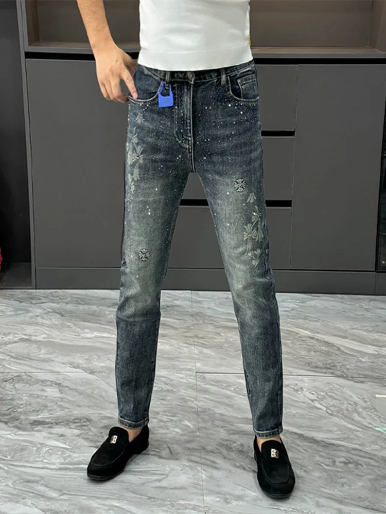 Youth Fashion Brand Men's Slim Fit Jeans with Rhinestones Cross Print Small Straight Leg Pants Autumn New Style Wear Resistant
