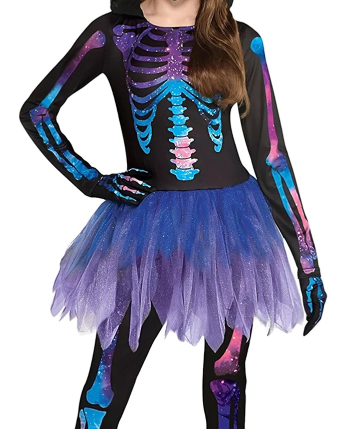 Halloween Girls Grim Reaper Costume Rainbow Skull Printed Tight Dress Festivals Carnival Party Kids Easter Cosplay Costume Suit