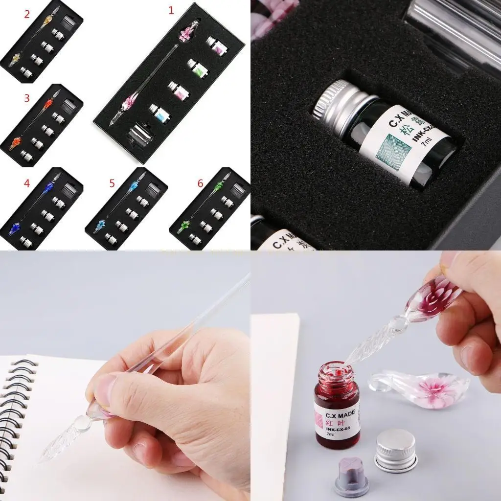 7PCS/SET Handmade Floral Glass Pen Dip Writing Pens Set for School
