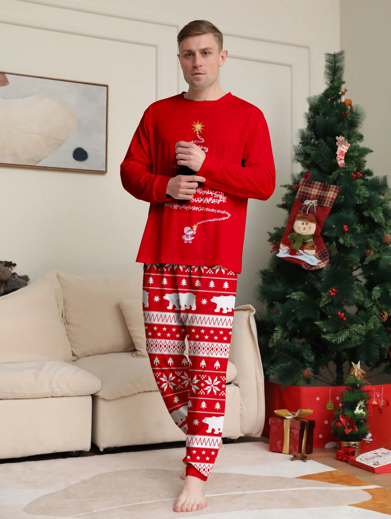Couple Matching Christmas Pajamas Set Long Sleeve Red with Christmas Tree Polar Bear Print Sleepwear