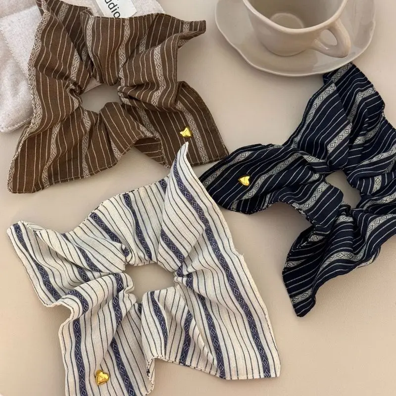 1pc Forest style retro striped square large intestine hair ring square scarf hair rope new style tie head rubber band image 2