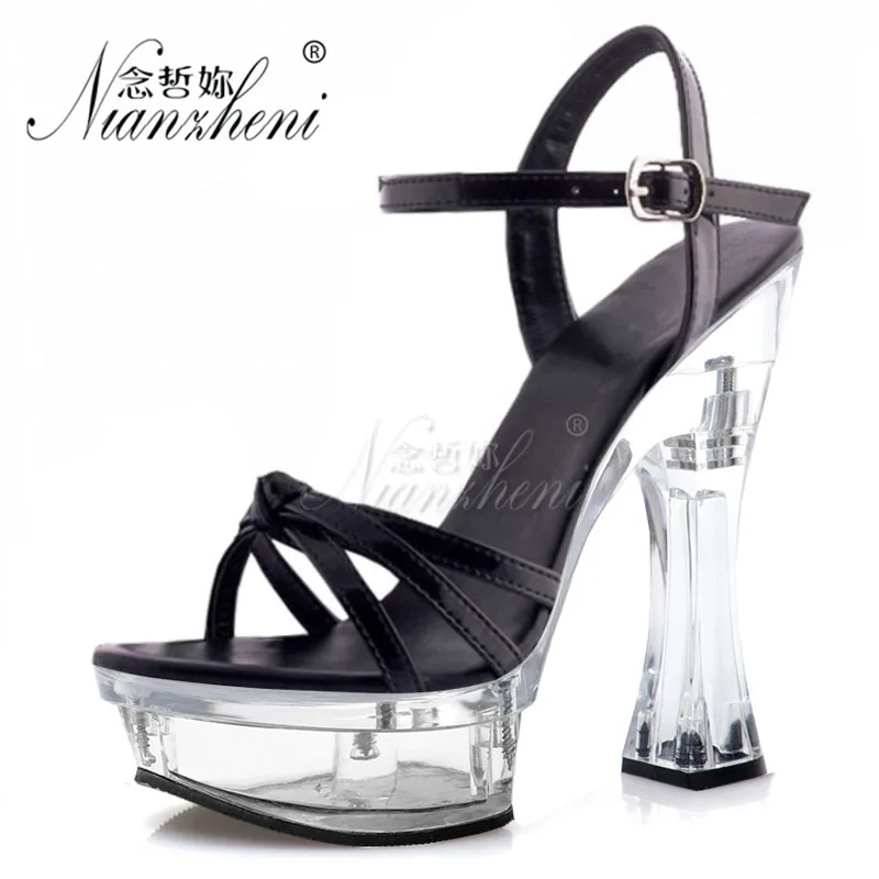 14cm Open Toe Patent Leather Platform Sandals 5-Inch High Heeled Crystal Detail Roman Wedding Party Shoes for Pole Dancers