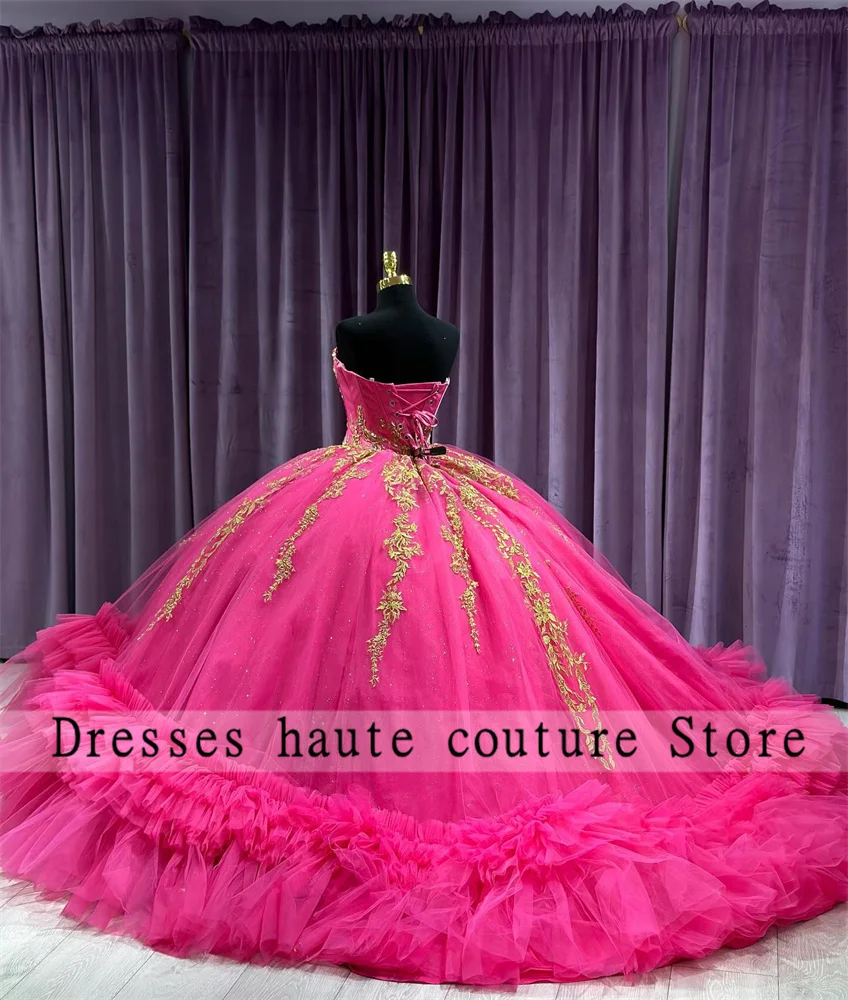 Hot Pink Tulle Quinceanera Dresses 2024 Sweetheart Gold Lace Appliques Sweet 16 Dress Elegant Birthday Dress vestido