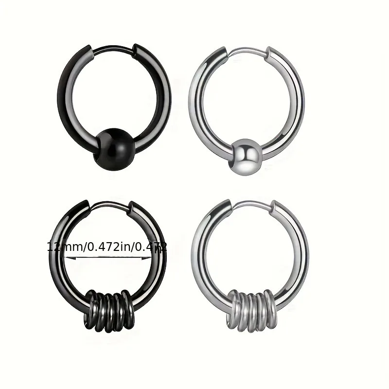 3 Pairs Stainless Steel Ball Decor Hoop Earrings For Men, Hip Hop Unisex Beads Circle Earrings